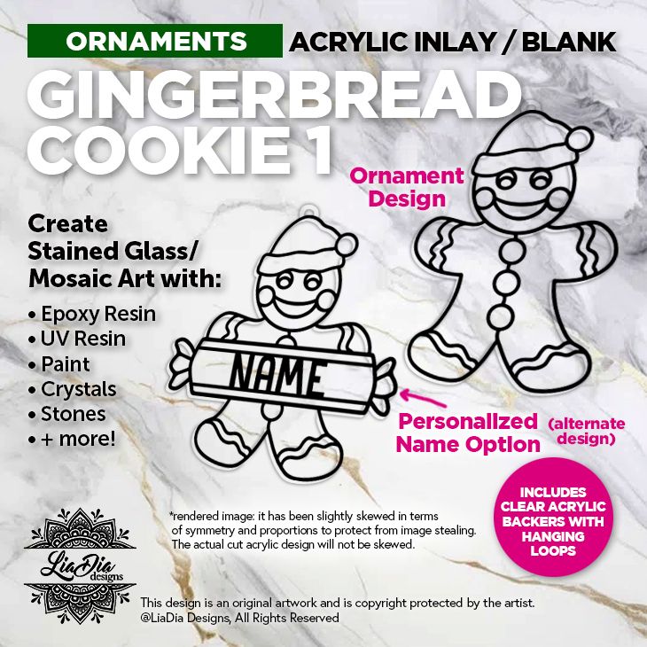 Ornaments - Gingerbread Cookie 1 - Add Paint or Resin - Clear Backer Included - Personalization Option
