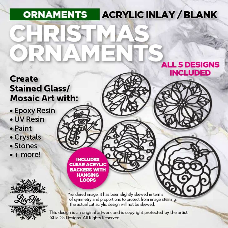 Project Sets - Christmas Ornaments - Set of 5 - Silhouette Acrylic Blanks - Clear Backers with Loop Included