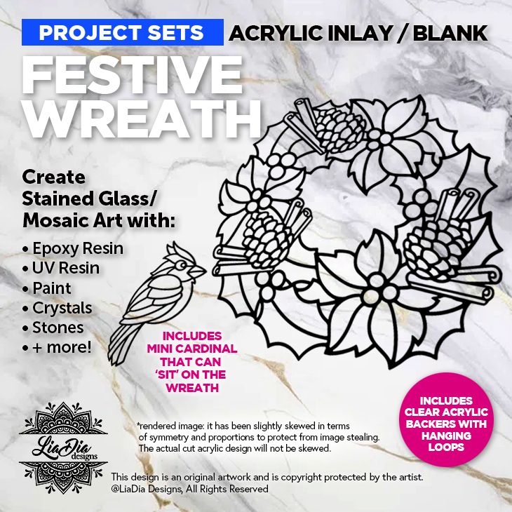 Project Sets - 8&quot; Festive Wreath - Inlay / Silhouette - Black Acrylic Blank with Cardinal Mini
