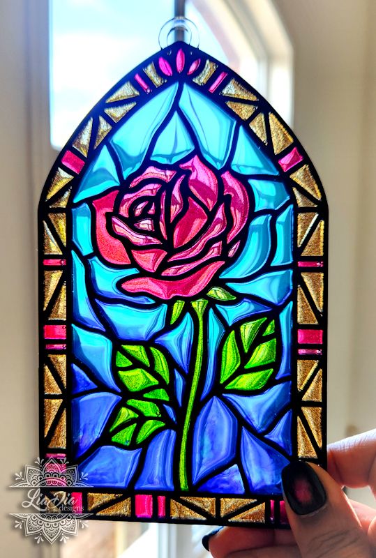 Finished Piece - Magical Rose - Epoxy Resin and Clear Backer with hanging loops - size 7&quot;