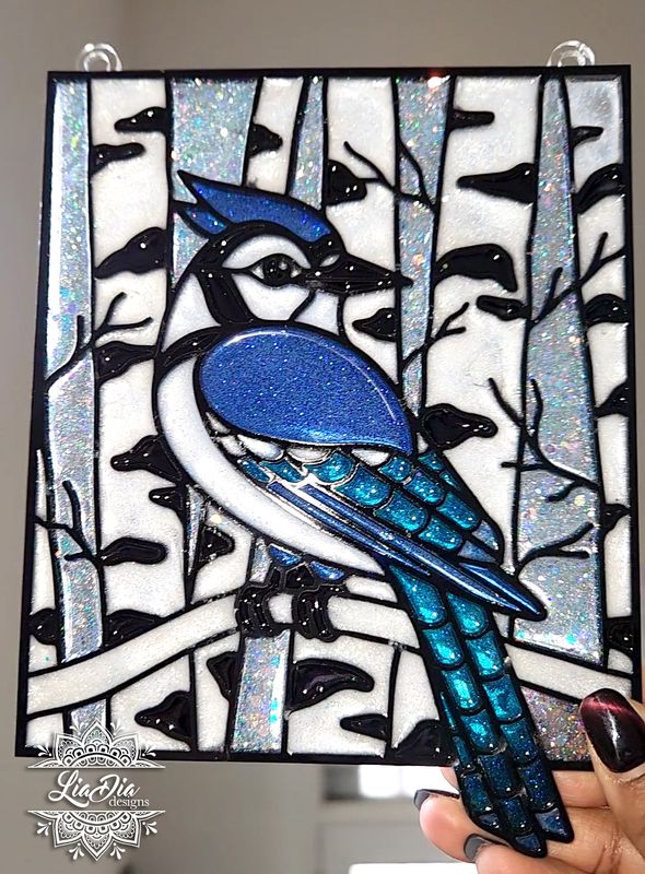Finished Piece - Birch Tree Blue Jay - Epoxy Resin and Clear Backer with hanging loops - size 6&quot; x 8&quot;