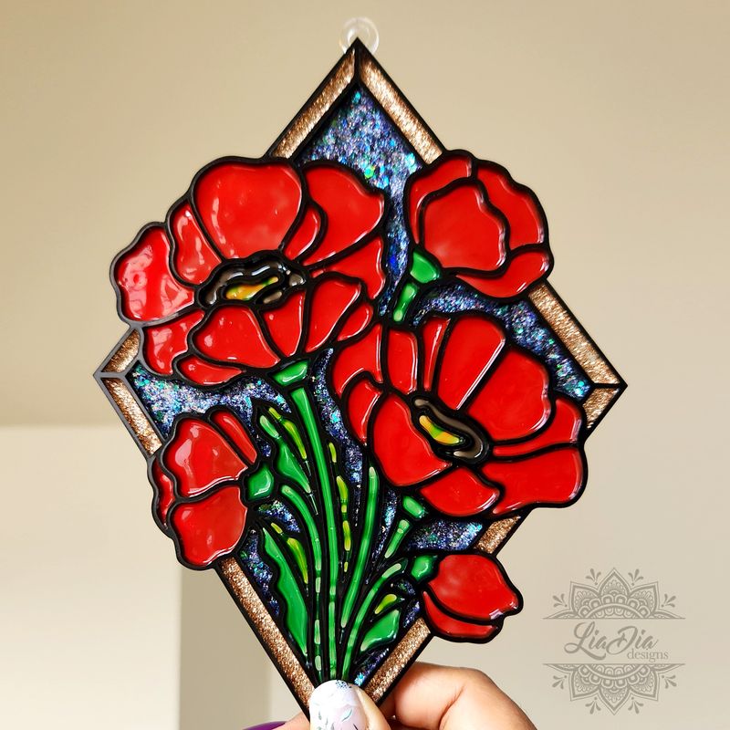 Finished Piece - Timeless Poppies - Textured Stained Glass Paint and Clear Backer with hanging loops - size 7&quot;