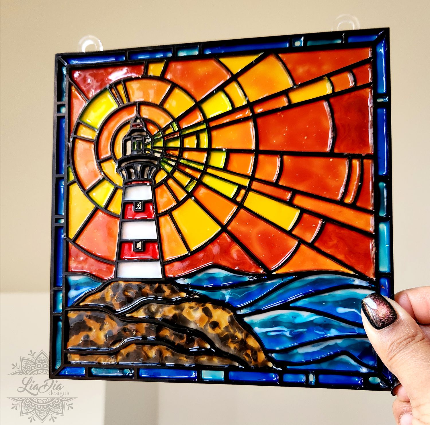 Finished Piece - Luminous Lighthouse - Textured Stained Glass Paint and Clear Backer with hanging loops - size 7&quot;