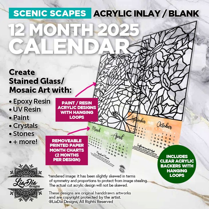 12 Month 2025 Calendar - New Larger Size - Half or Full Year Option - Clear Backers and loops Included