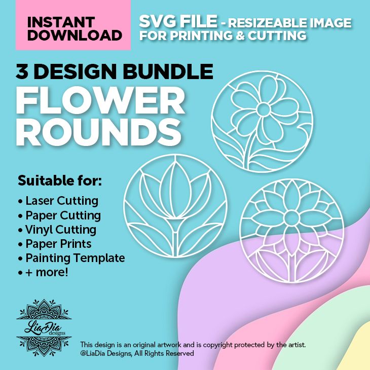 Instant Digital Download - 3 Design Bundle - Flower Rounds - Stained Glass Style Design - SVG for Cutting and Printing