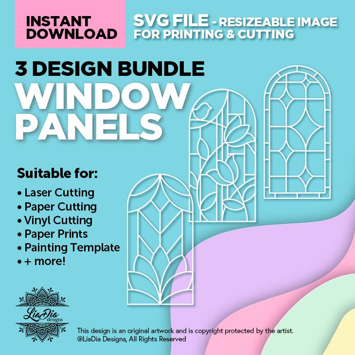 Instant Digital Download - 3 Design Bundle - Window Panels - Stained Glass Style Design - SVG for Cutting and Printing