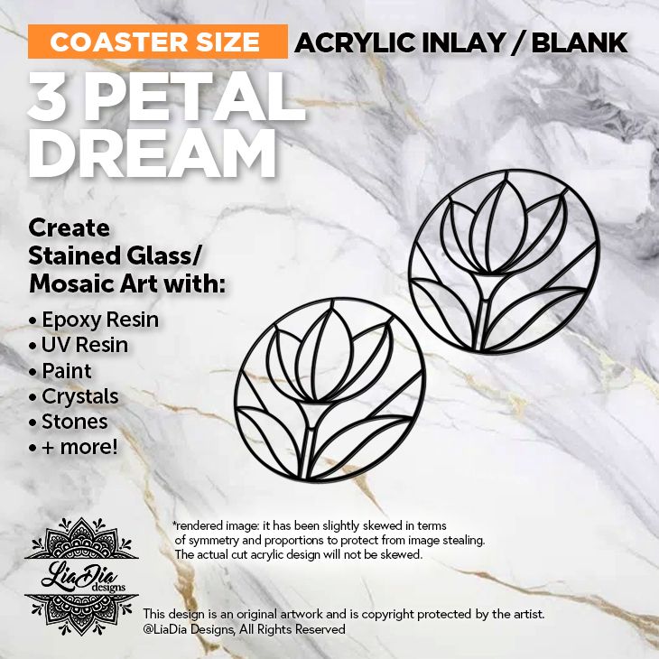 Coaster Minis - 3 Petal Dream  - Inlay / Silhouette Black Acrylic Blank - 2 pieces