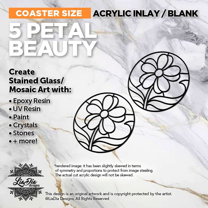 Coaster Minis - 5 Petal Beauty  - Inlay / Silhouette Black Acrylic Blank - 2 pieces