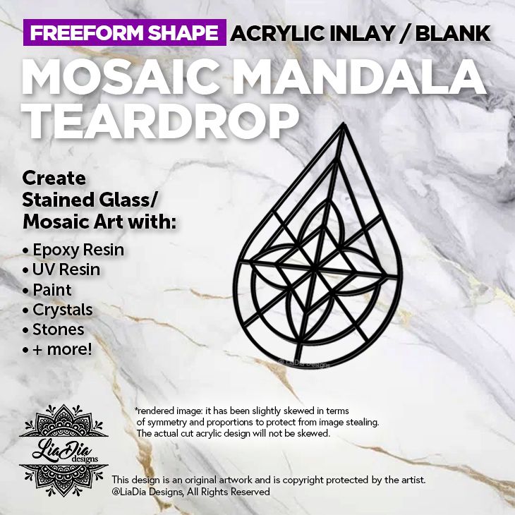 Freeform - TearDrop Mosaic Mandala - Inlay / Silhouette - 5&quot; or 7&quot; Black Acrylic Blank