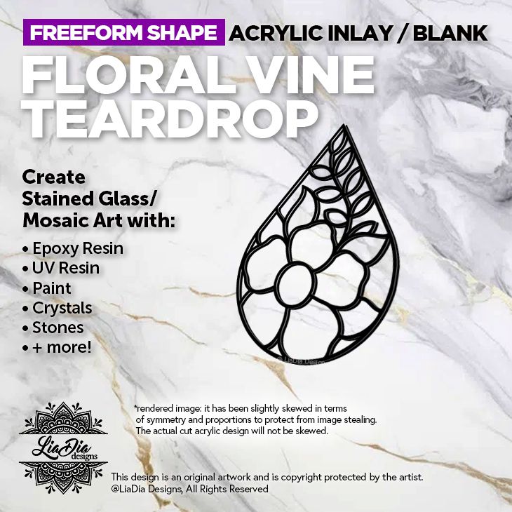 Freeform - TearDrop Floral Vine - Inlay / Silhouette - 5&quot; or 7&quot; Black Acrylic Blank