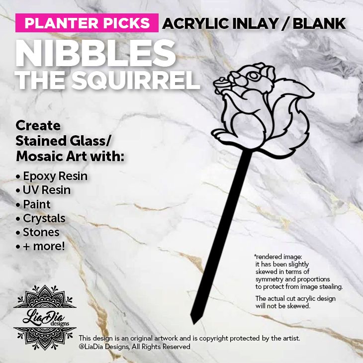 Planter Pick Silhouette - Nibbles the Squirrel - Black Acrylic Blank