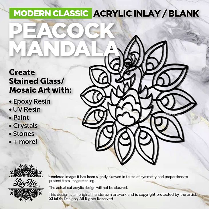 Modern Classic - Peacock Mandala - Inlay/ Silhouette  - 7&quot; Round Black Acrylic Blank
