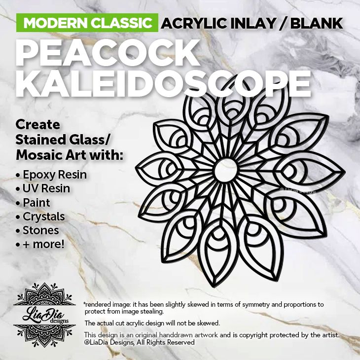 Modern Classic - Peacock Kaleidoscope - Inlay/ Silhouette  - 7&quot; Round Black Acrylic Blank