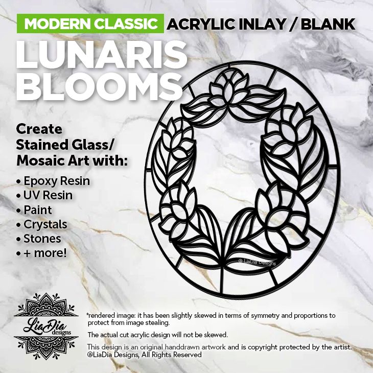 Modern Classic - Lunaris Blooms Wreath Frame - Inlay/ Silhouette  - 7&quot; Round Black Acrylic Blank