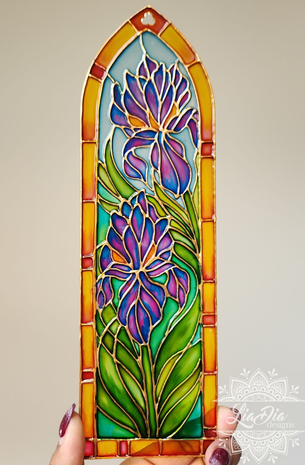 Cathedral Window #1 - Irises - Handpainted Stained Glass Style Painting