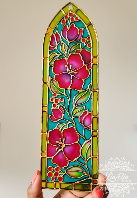Cathedral Window #2 - Blossoms - Handpainted Stained Glass Style Painting