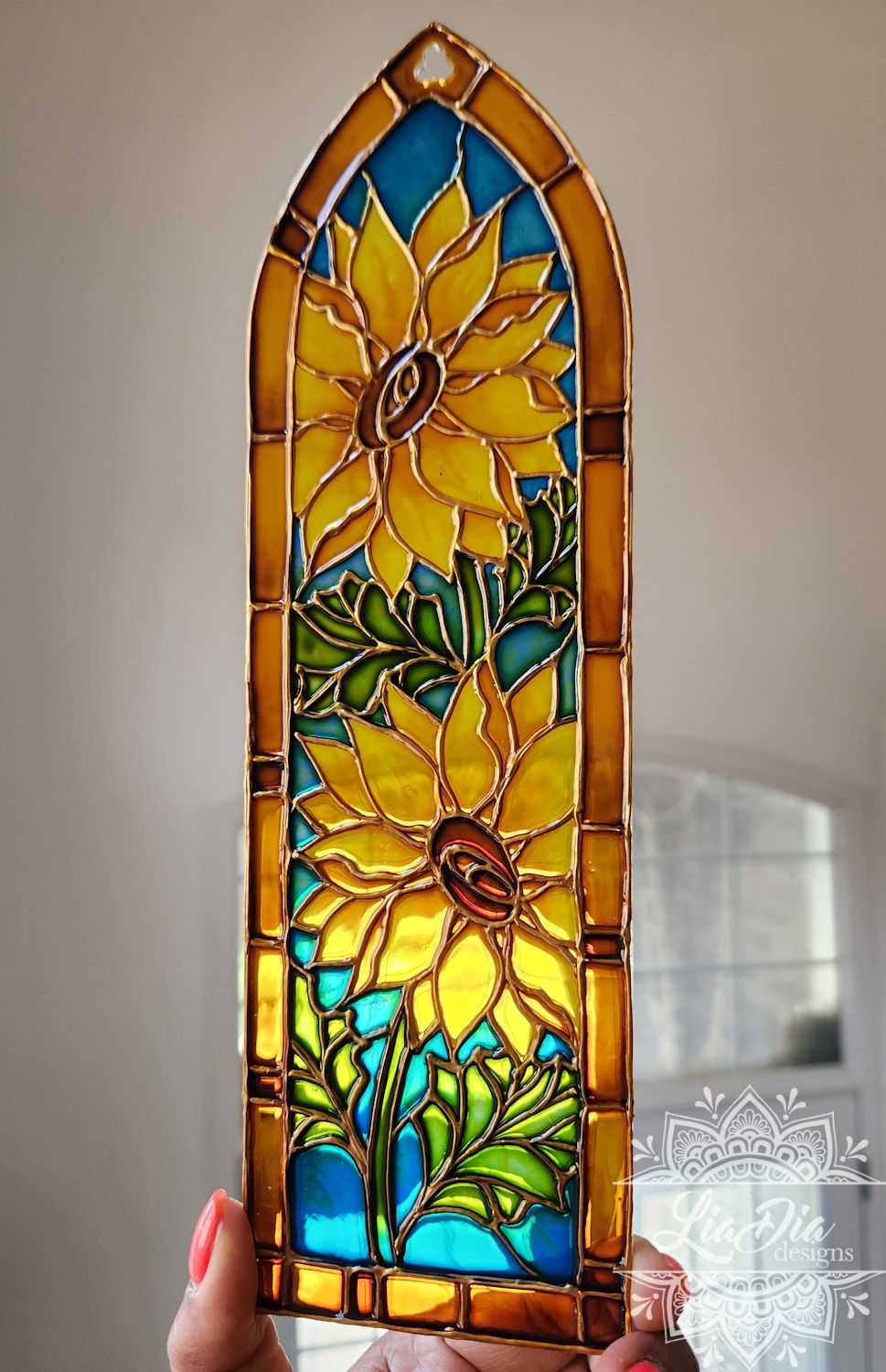 Cathedral Window Sunflowers - Handpainted Stained Glass Style Painting
