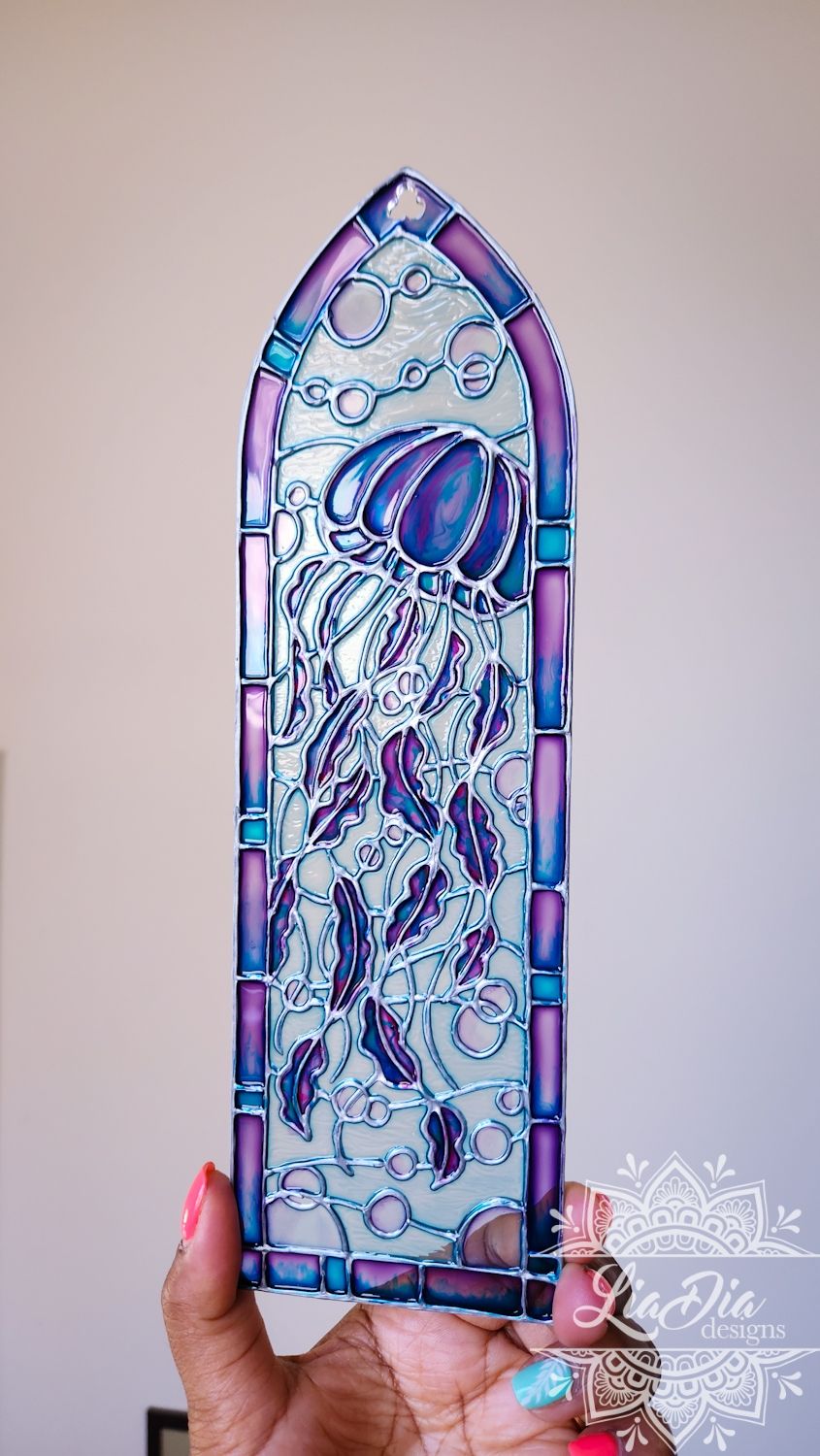 Cathedral Window #4 - Jellyfish - Handpainted Stained Glass Style Painting