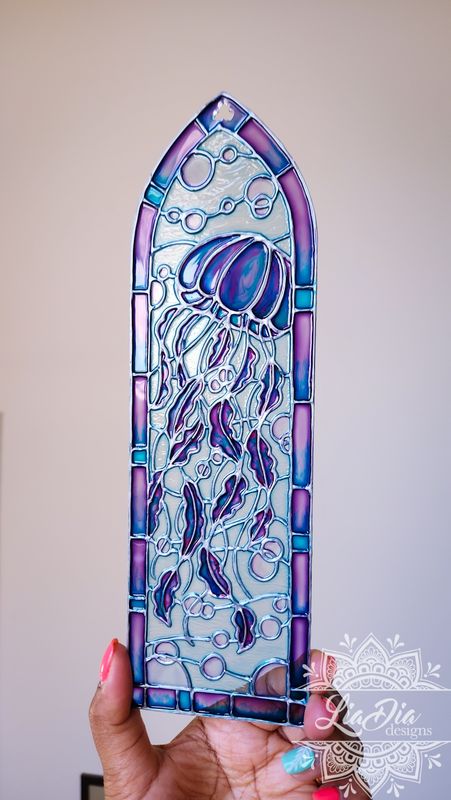 Cathedral Window #4 - Jellyfish - Handpainted Stained Glass Style Painting