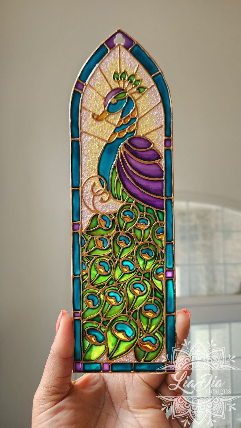 Cathedral Window #5 - Peacock - Handpainted Stained Glass Style Painting