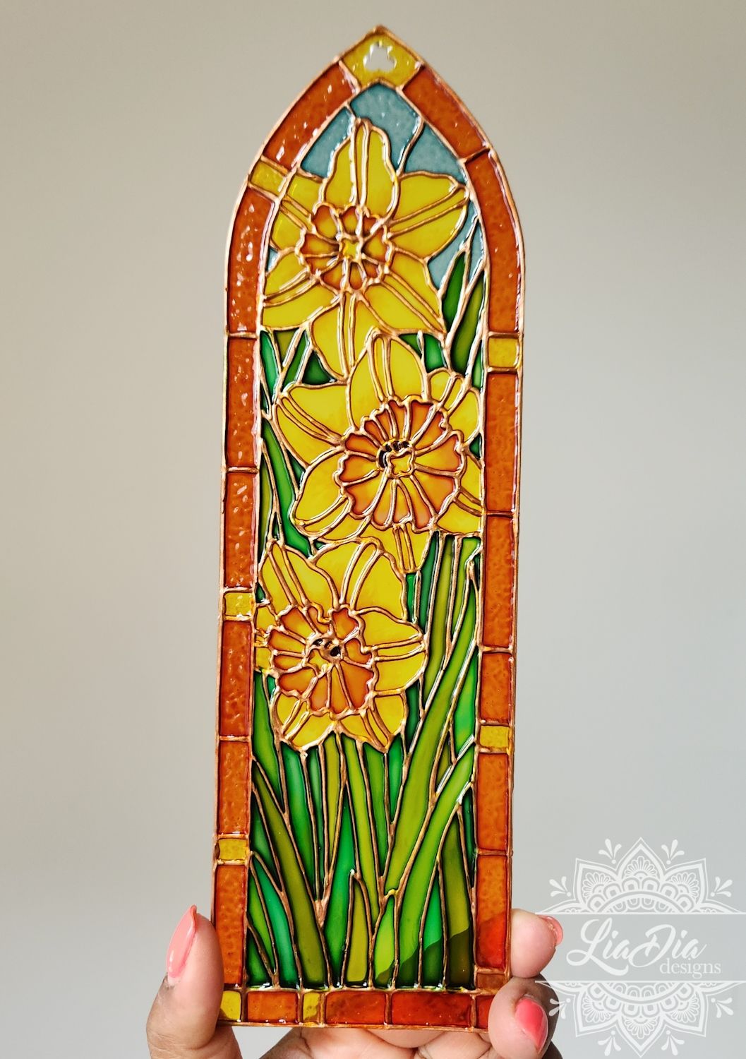 Cathedral Window #6 - Daffodils - Handpainted Stained Glass Style Painting
