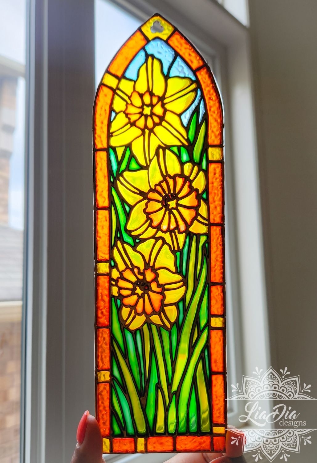 Cathedral Window #6 - Daffodils - Handpainted Stained Glass Style Painting