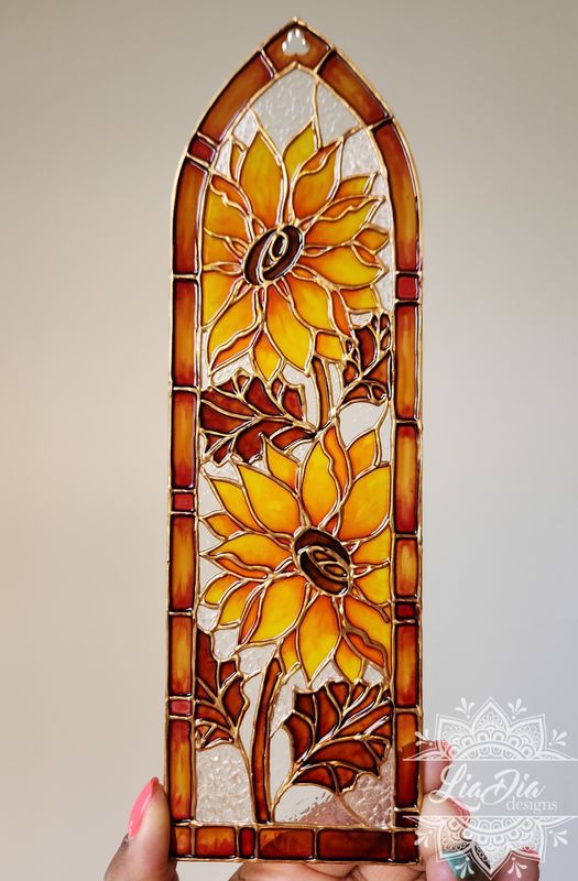 Cathedral Window #6 - Autumn Sunflowers - Handpainted Stained Glass Style Painting