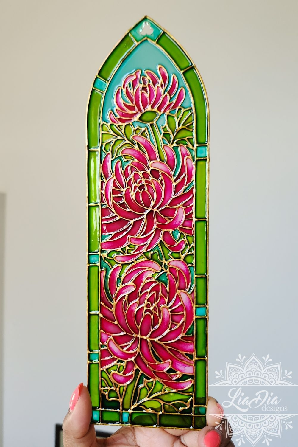 Cathedral Window #7 - Chrysanthemums - Handpainted Stained Glass Style Painting