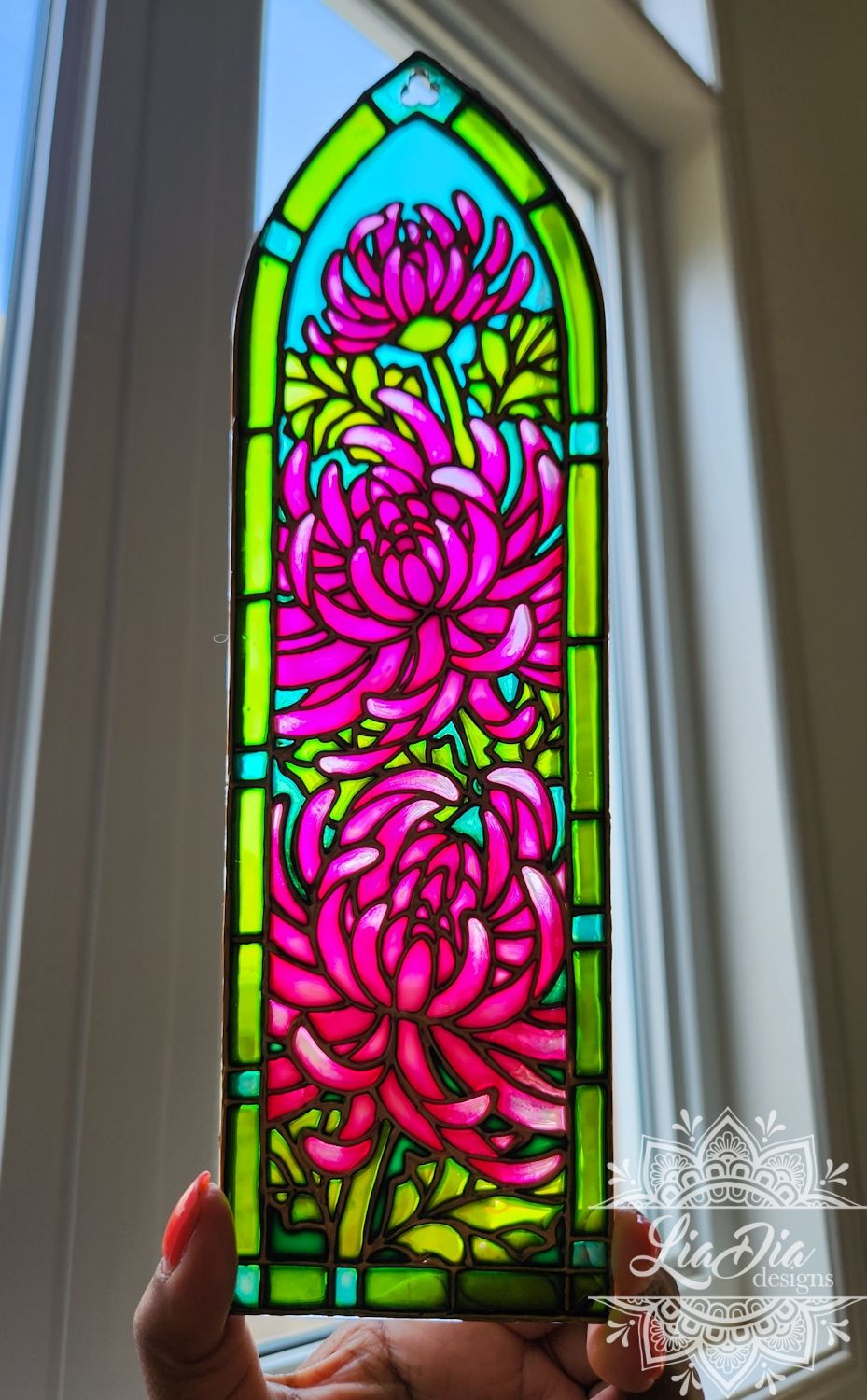 Cathedral Window #7 - Chrysanthemums - Handpainted Stained Glass Style Painting