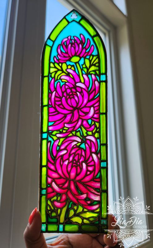 Cathedral Window #7 - Chrysanthemums - Handpainted Stained Glass Style Painting