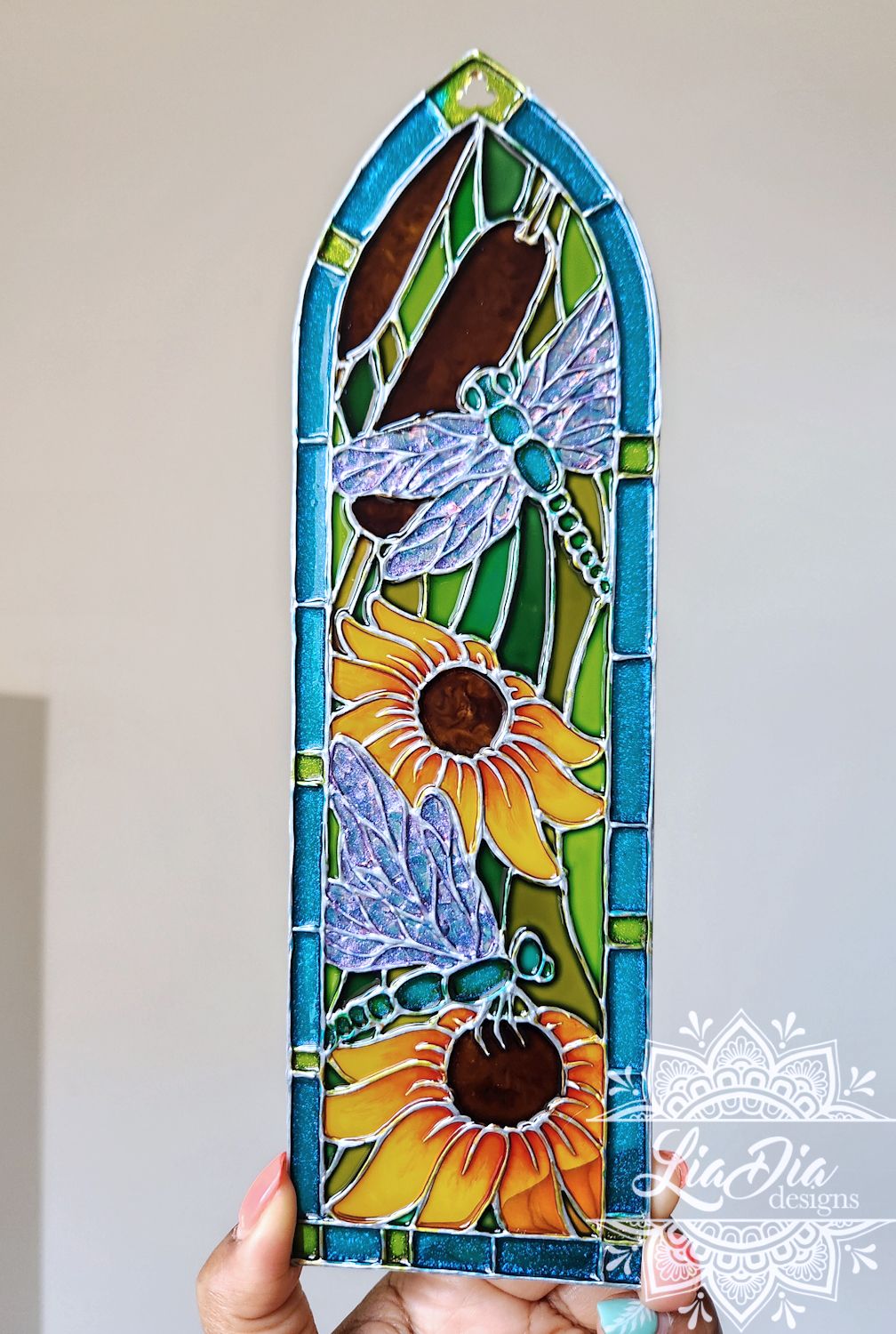 Cathedral Window #8 - Dragonflies - Handpainted Stained Glass Style Painting