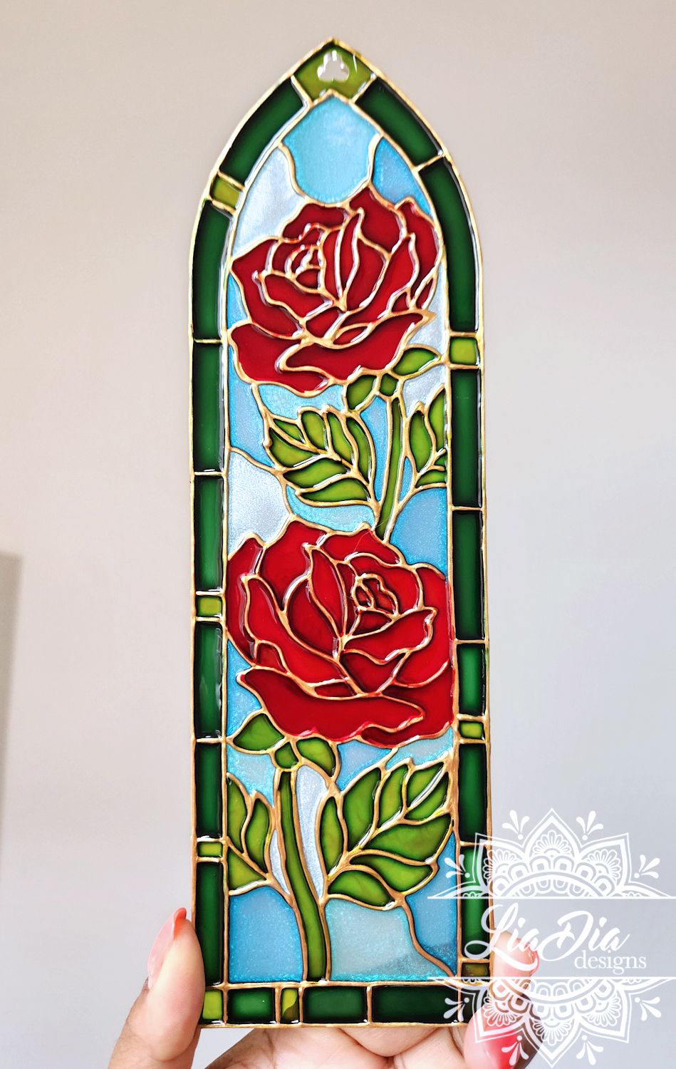 Cathedral Window #9 - Red Roses - Handpainted Stained Glass Style Painting