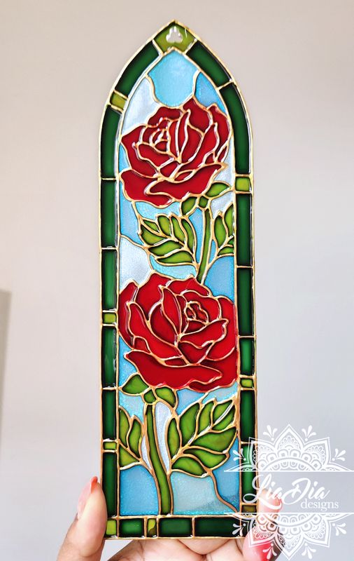Cathedral Window #9 - Red Roses - Handpainted Stained Glass Style Painting