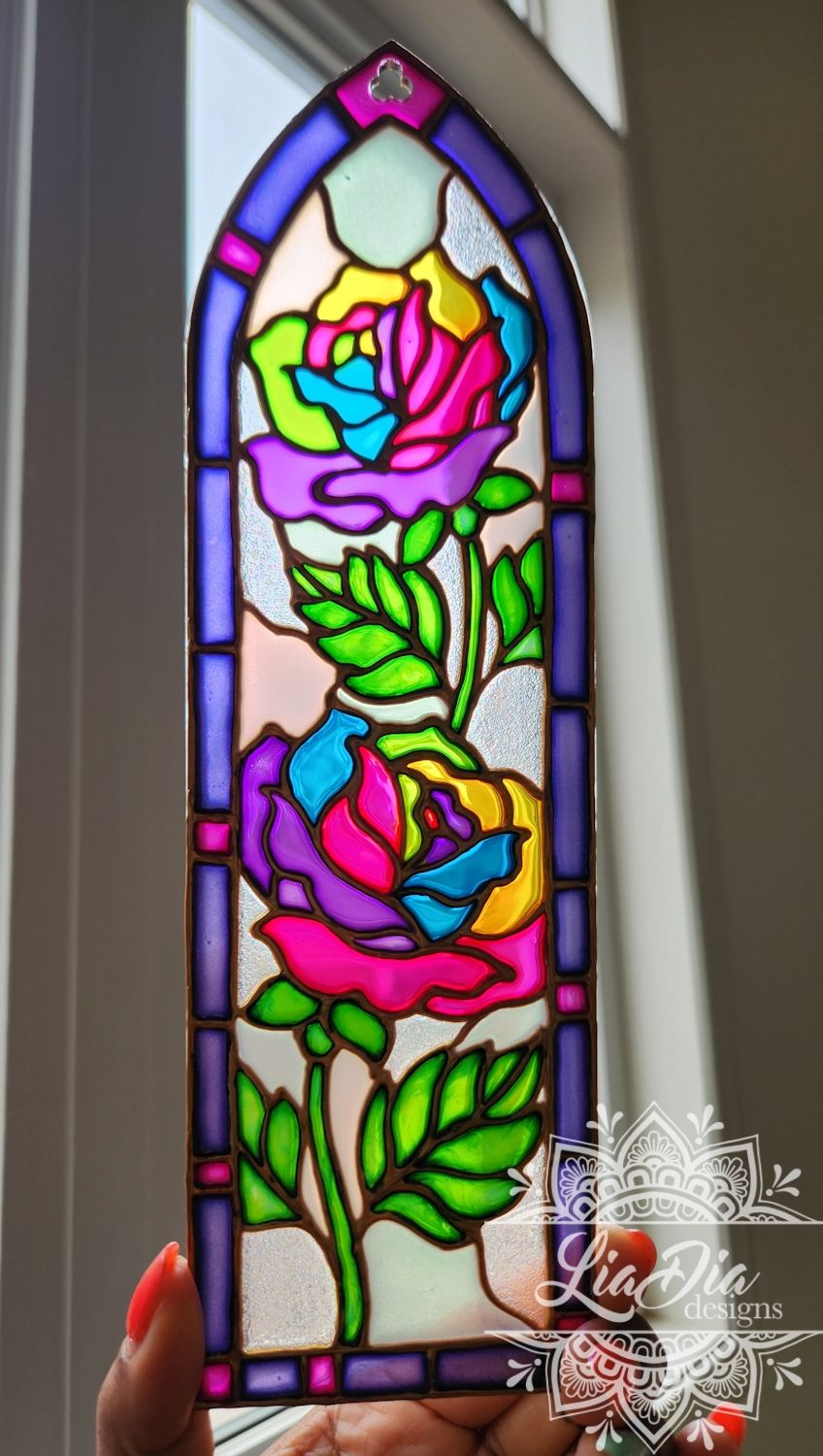 Cathedral Window #9 (V2) - Rainbow Roses - Handpainted Stained Glass Style Painting