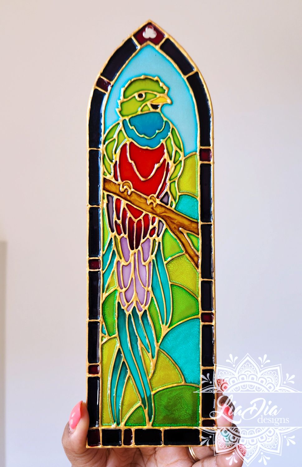 Cathedral Window #11 - Resplendent Quetzal - Handpainted Stained Glass Style Painting