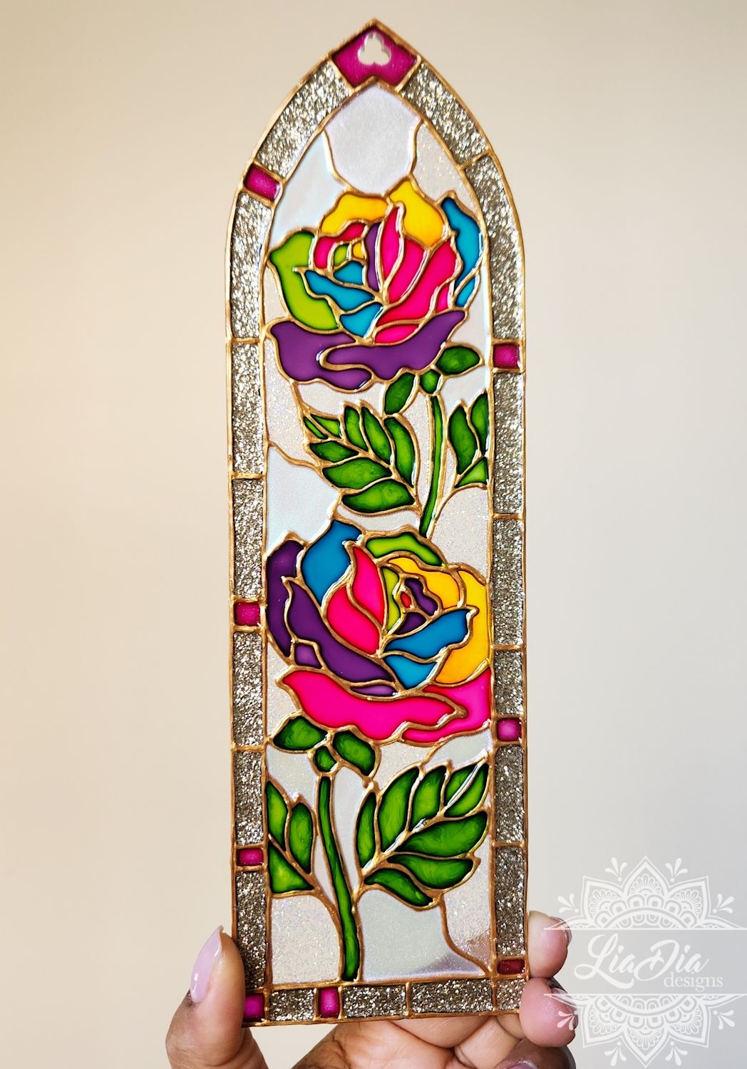 Cathedral Window #9 (V2) - Rainbow Roses - Handpainted Stained Glass Style Painting