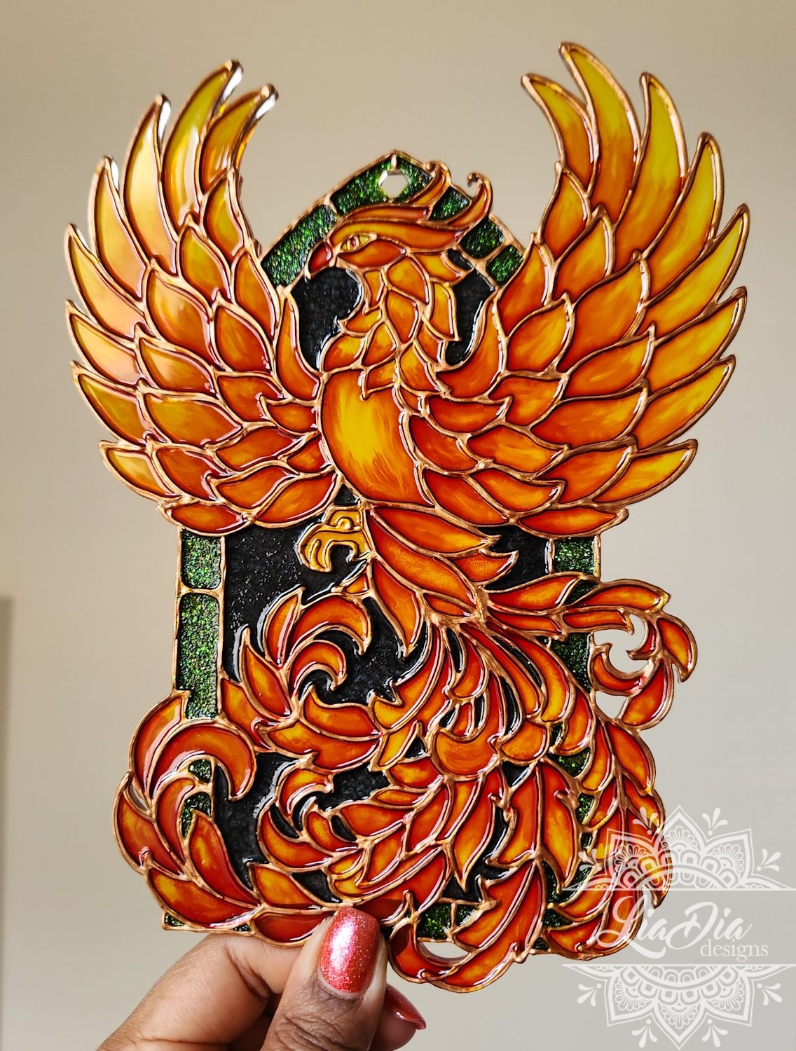 Mythical Creatures #1 - The Phoenix - Handpainted Stained Glass Style Suncatcher Painting