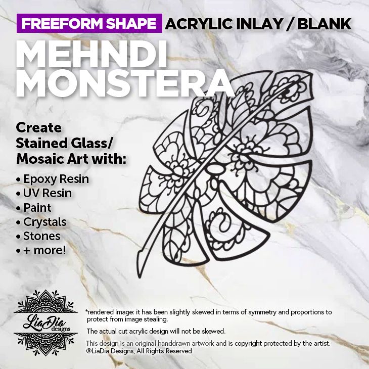Freeform - Mehndi Monstera Leaf - Inlay / Silhouette - 7&quot; x 6&quot; Black Acrylic Blank