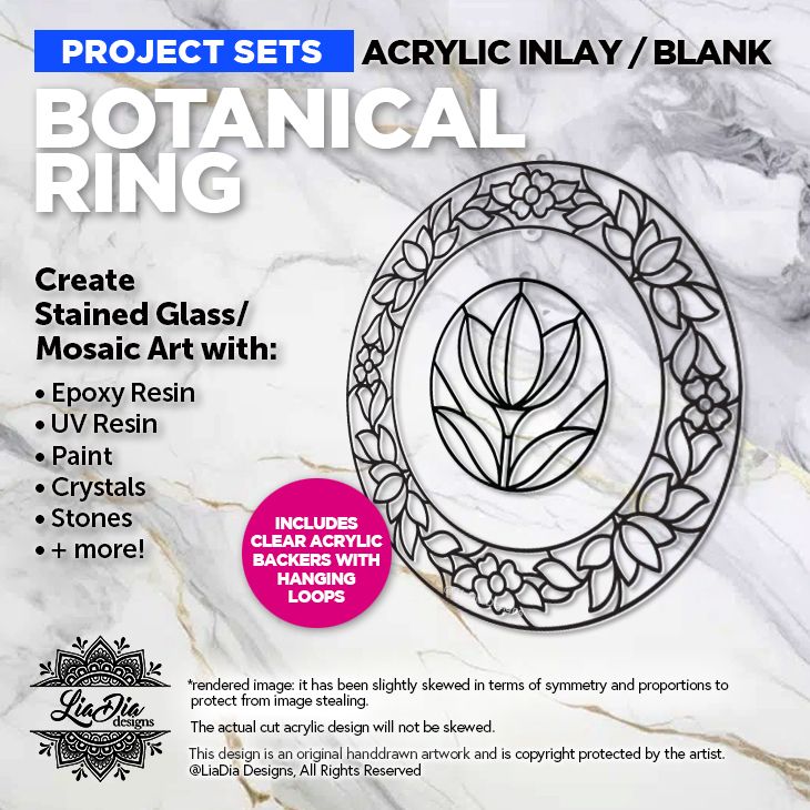 Project Sets - 8&quot; Botanical Ring - Floral Wreath Suncatcher with hanging center pendant - 2 design pieces with backers Included - Acrylic Silhouette for Resin or Paint