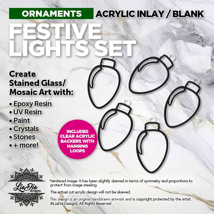 Ornament Sets - Festive Lights - Set of 5 - Silhouette Acrylic Blanks - Clear Backers with Loop Included - 2 Size Options