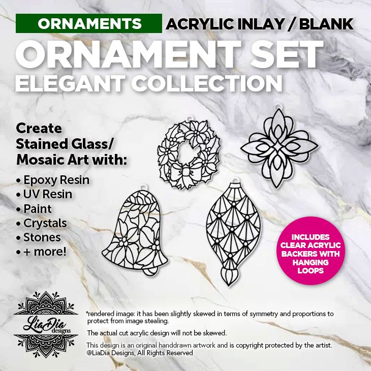Ornament Sets - Elegant Collection  - Set of 4 - Silhouette Acrylic Blanks - Clear Backers with Loop Included