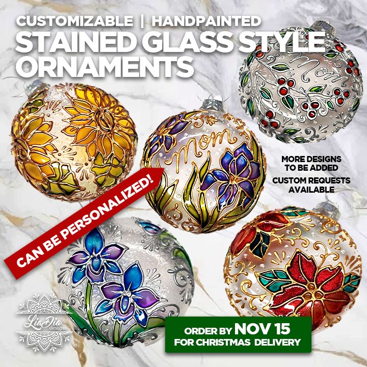 Stained Glass Style Handpainted Ornaments - Customizable with Personalization Option