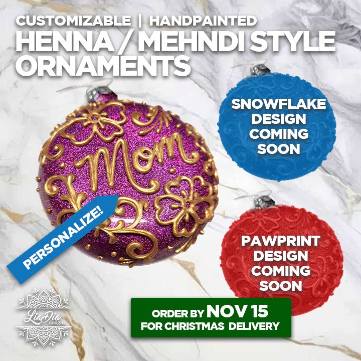 Henna Mehndi Style Handpainted Ornaments - Customizable with Personalization Option