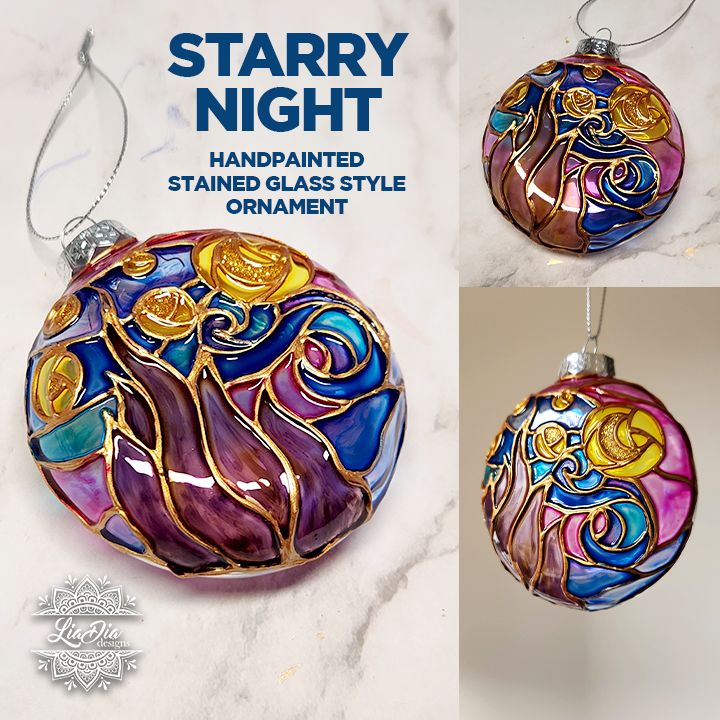 Starry Night - Handpainted Stained Glass Style Ornament