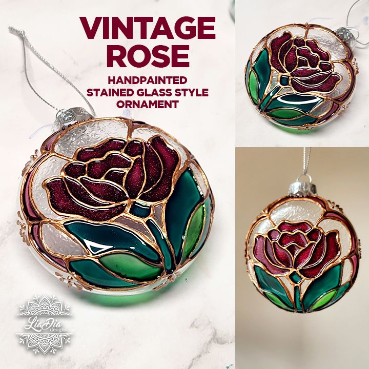 Vintage Rose - Handpainted Stained Glass Style Ornament