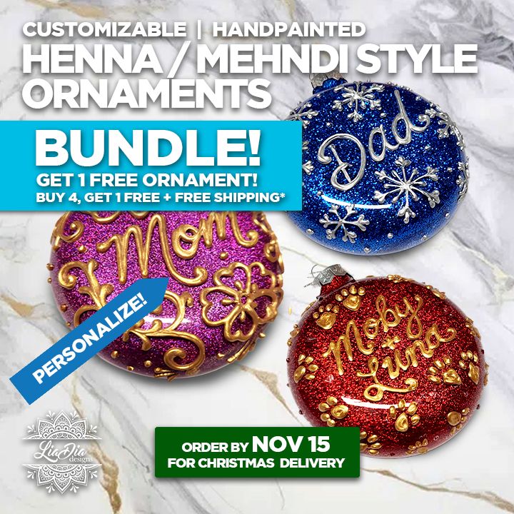 BUNDLE! Buy 4 get 1 FREE + Free Shipping*!  Personalized Henna Mehndi Style Handpainted Ornaments
