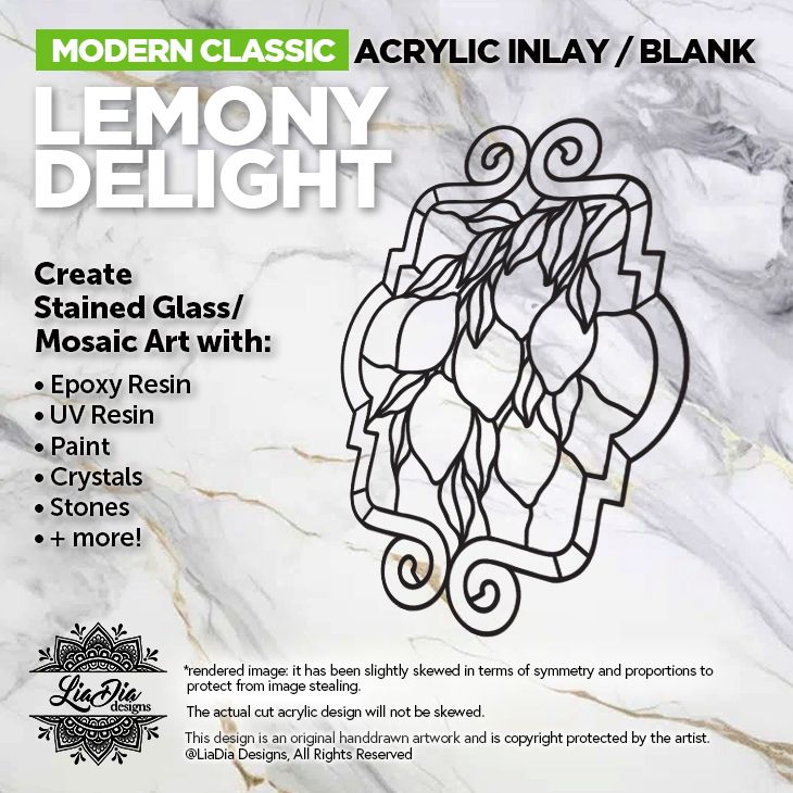 Modern Classic - Lemony Delight - Inlay/ Silhouette  - 8.5&quot; x 6.6&quot;  Black Acrylic Blank