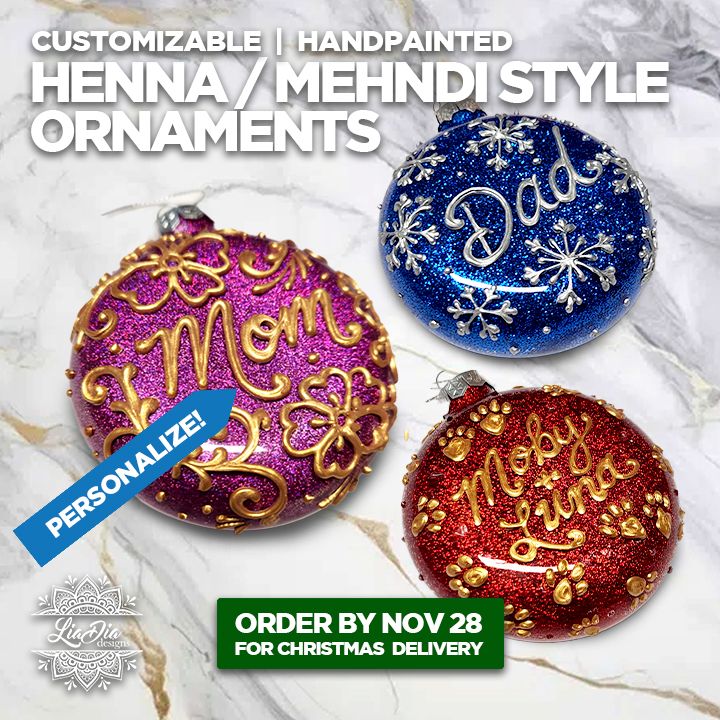 Henna Mehndi Style Handpainted Ornaments - Customizable with Personalization Option