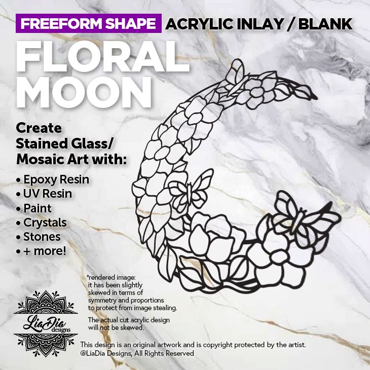 Freeform - Floral Moon - Inlay / Silhouette - 8&quot; Black Acrylic Blank