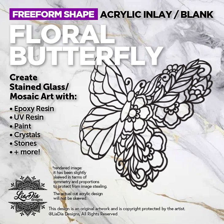 Freeform - Floral Butterfly - Inlay / Silhouette - 8&quot; Black Acrylic Blank